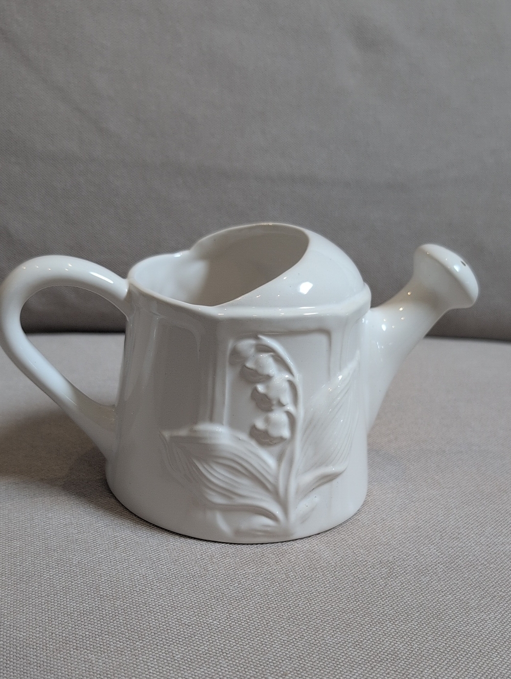 White Ceramic Watering Can Planter with Lily of the Valley Motif Portugal